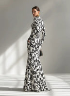 Women’s Floral High-Neck Long Sleeve Maxi Dress – Elegant Fitted Waist Formal Flowing Evening Gown