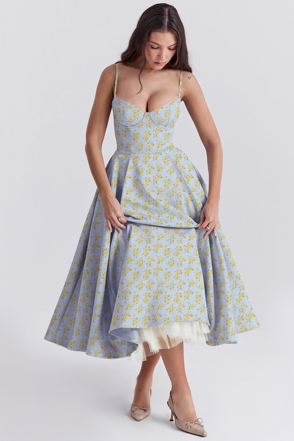 Selena Floral Satin Midi Dress – Corset Sweetheart Neck Tulle Midi Dress for Weddings & Special Events