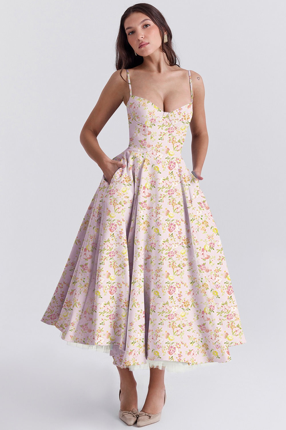 Selena Floral Satin Midi Dress – Corset Sweetheart Neck Tulle Midi Dress for Weddings & Special Events