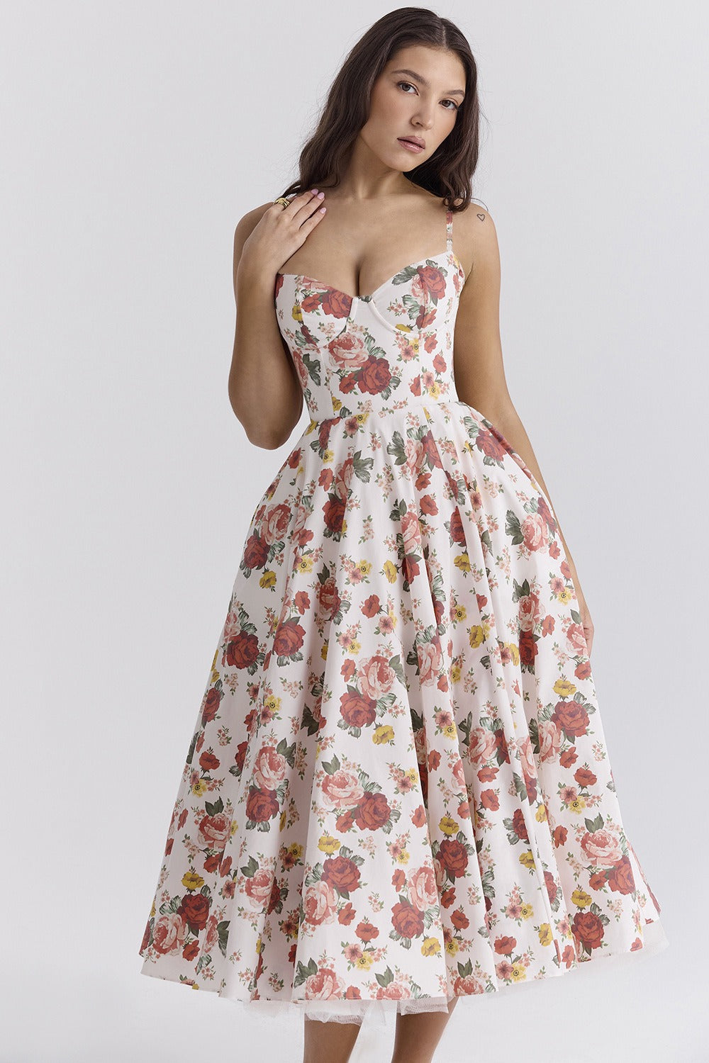 Selena Floral Satin Midi Dress – Corset Sweetheart Neck Tulle Midi Dress for Weddings & Special Events