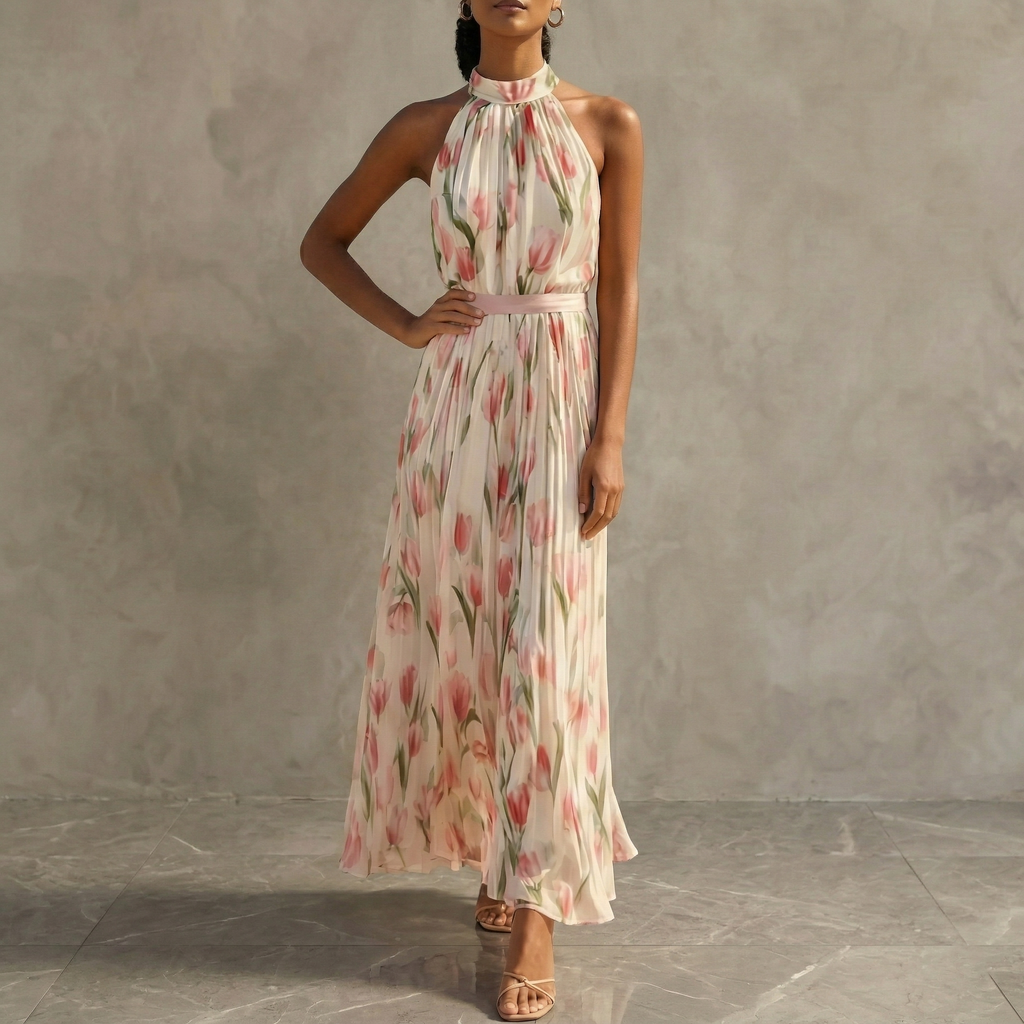 Women’s Floral Halter Maxi Dress – Sleeveless Chiffon A-Line Flowy Summer Dress for Weddings & Vacation