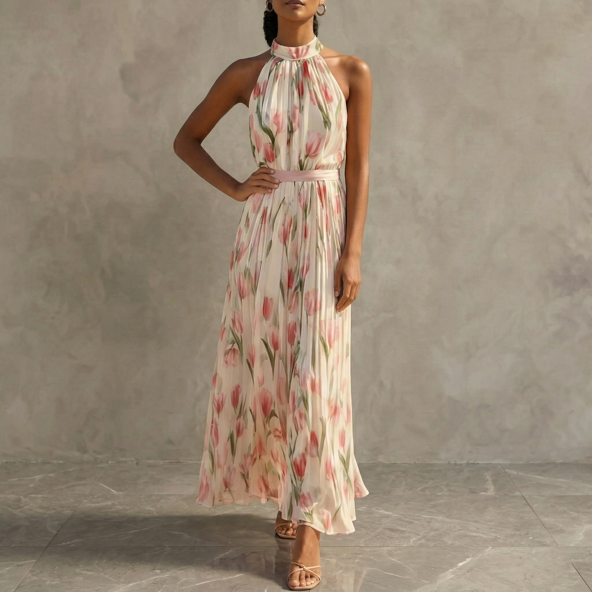 Women’s Floral Halter Maxi Dress – Sleeveless Chiffon A-Line Flowy Summer Dress for Weddings & Vacation