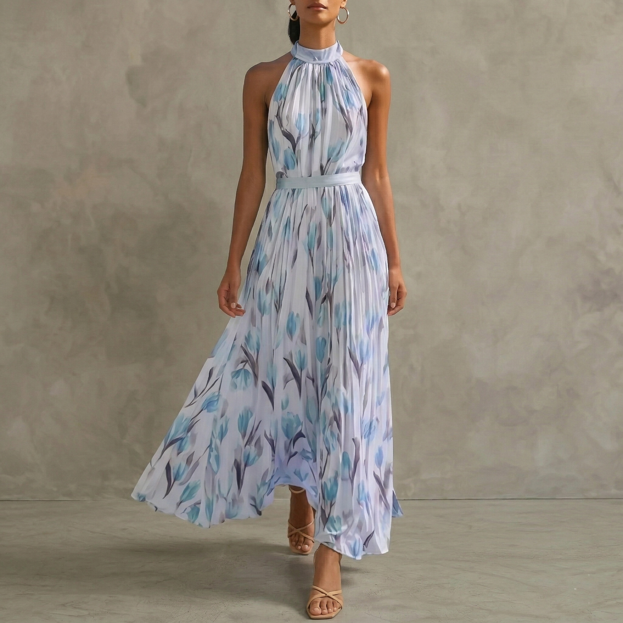 Women’s Floral Halter Maxi Dress – Sleeveless Chiffon A-Line Flowy Summer Dress for Weddings & Vacation