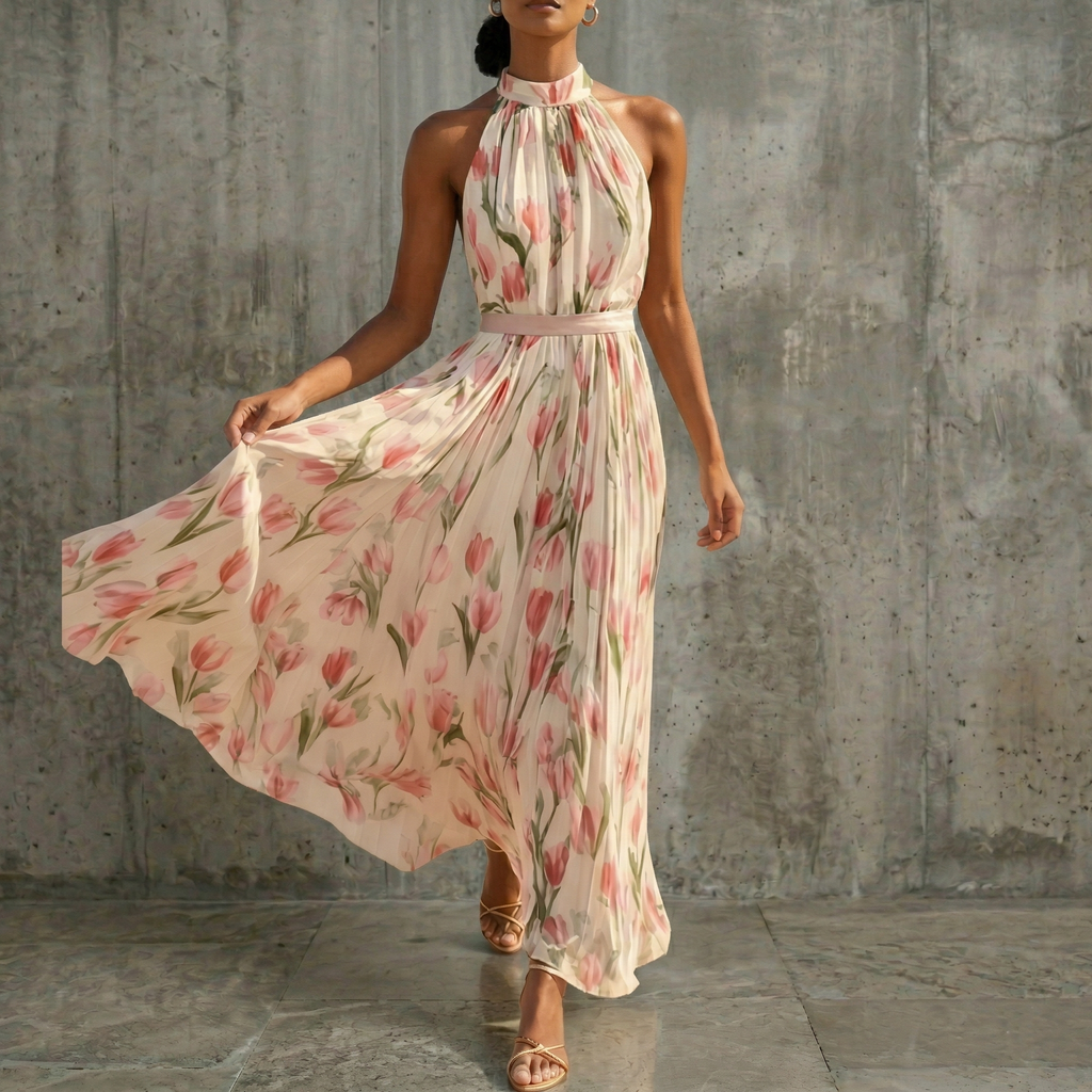 Women’s Floral Halter Maxi Dress – Sleeveless Chiffon A-Line Flowy Summer Dress for Weddings & Vacation