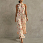 Women’s Floral Halter Maxi Dress – Sleeveless Chiffon A-Line Flowy Summer Dress for Weddings & Vacation