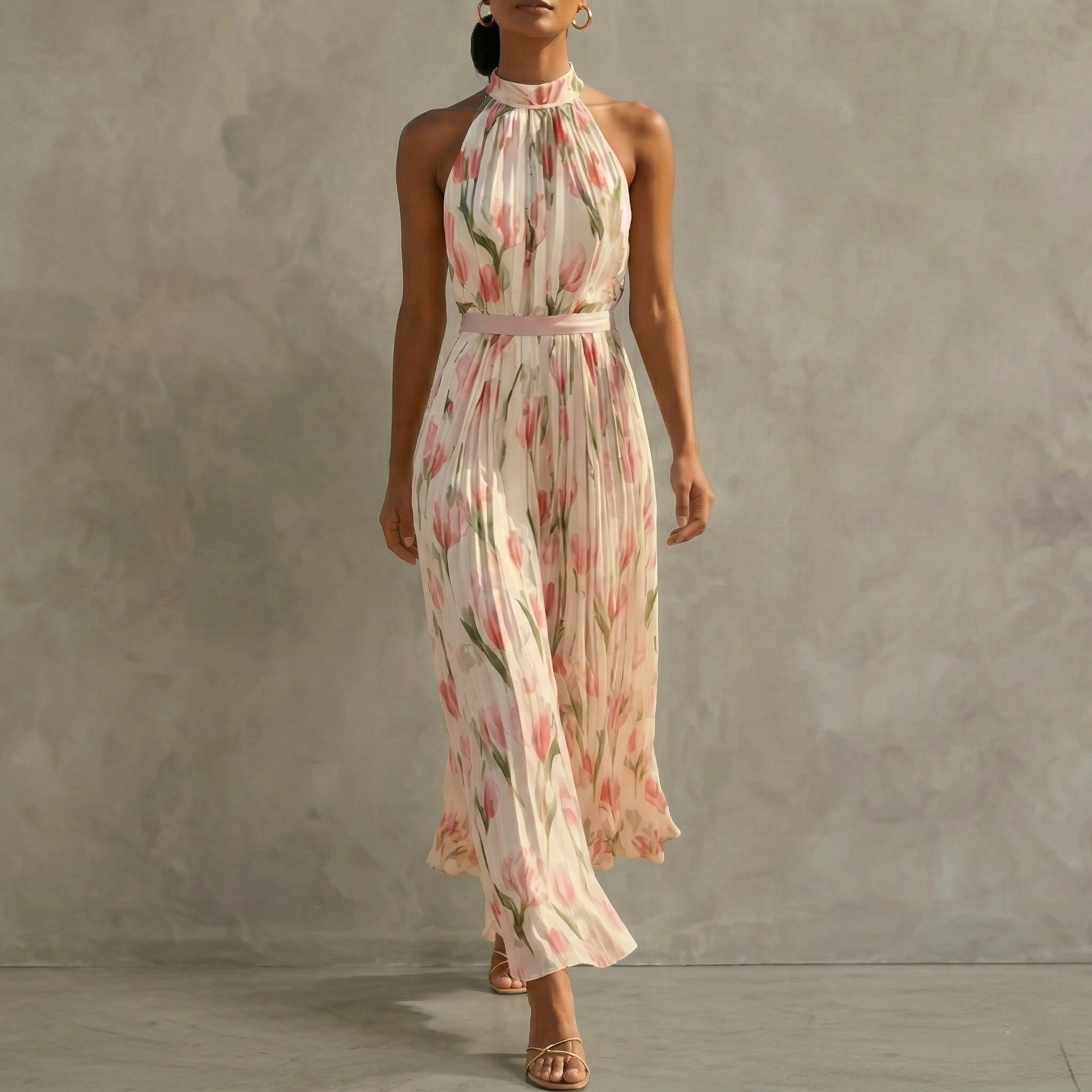Women’s Floral Halter Maxi Dress – Sleeveless Chiffon A-Line Flowy Summer Dress for Weddings & Vacation