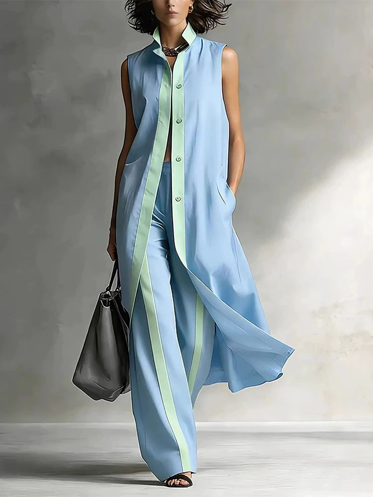 Women’s Contrast Color Lapel Sleeveless Two-Piece Set – Casual Loose Fit Button Top & Wide Leg Pants Summer Holiday Outfit