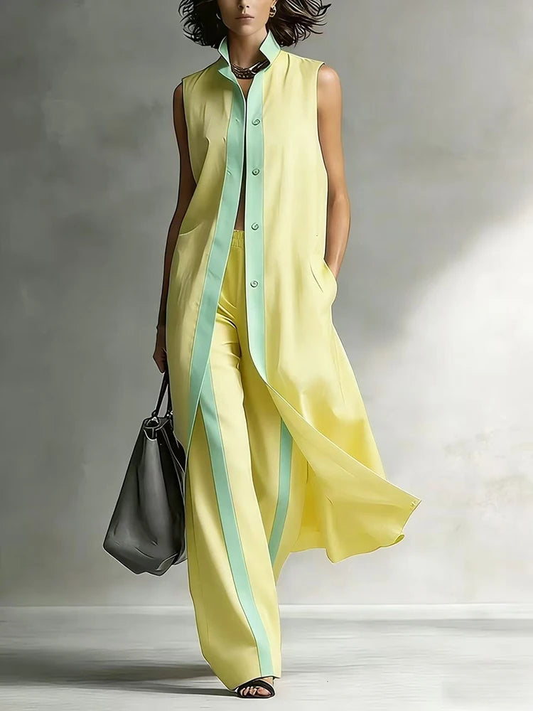 Women’s Contrast Color Lapel Sleeveless Two-Piece Set – Casual Loose Fit Button Top & Wide Leg Pants Summer Holiday Outfit