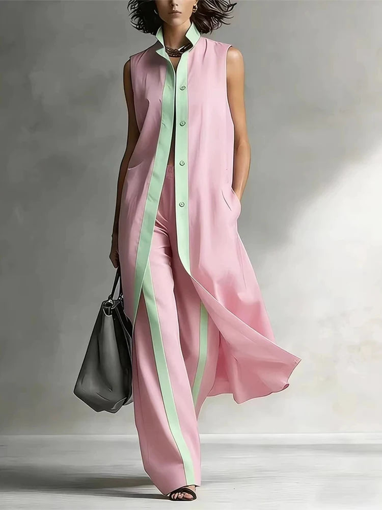 Women’s Contrast Color Lapel Sleeveless Two-Piece Set – Casual Loose Fit Button Top & Wide Leg Pants Summer Holiday Outfit