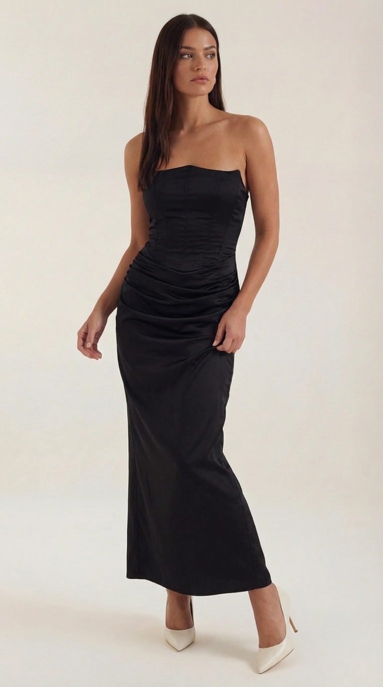 Fiorella Corset Maxi Dress — Women’s Strapless Bustier Ruched Bodycon Evening Gown Dual Texture Formal Dress