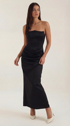 Fiorella Corset Maxi Dress — Women’s Strapless Bustier Ruched Bodycon Evening Gown Dual Texture Formal Dress