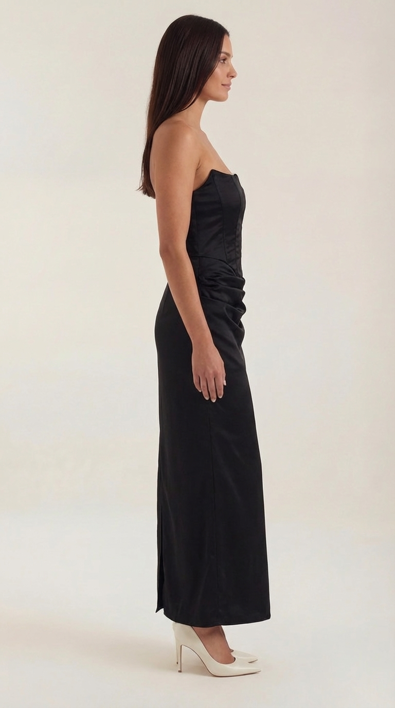 Fiorella Corset Maxi Dress — Women’s Strapless Bustier Ruched Bodycon Evening Gown Dual Texture Formal Dress