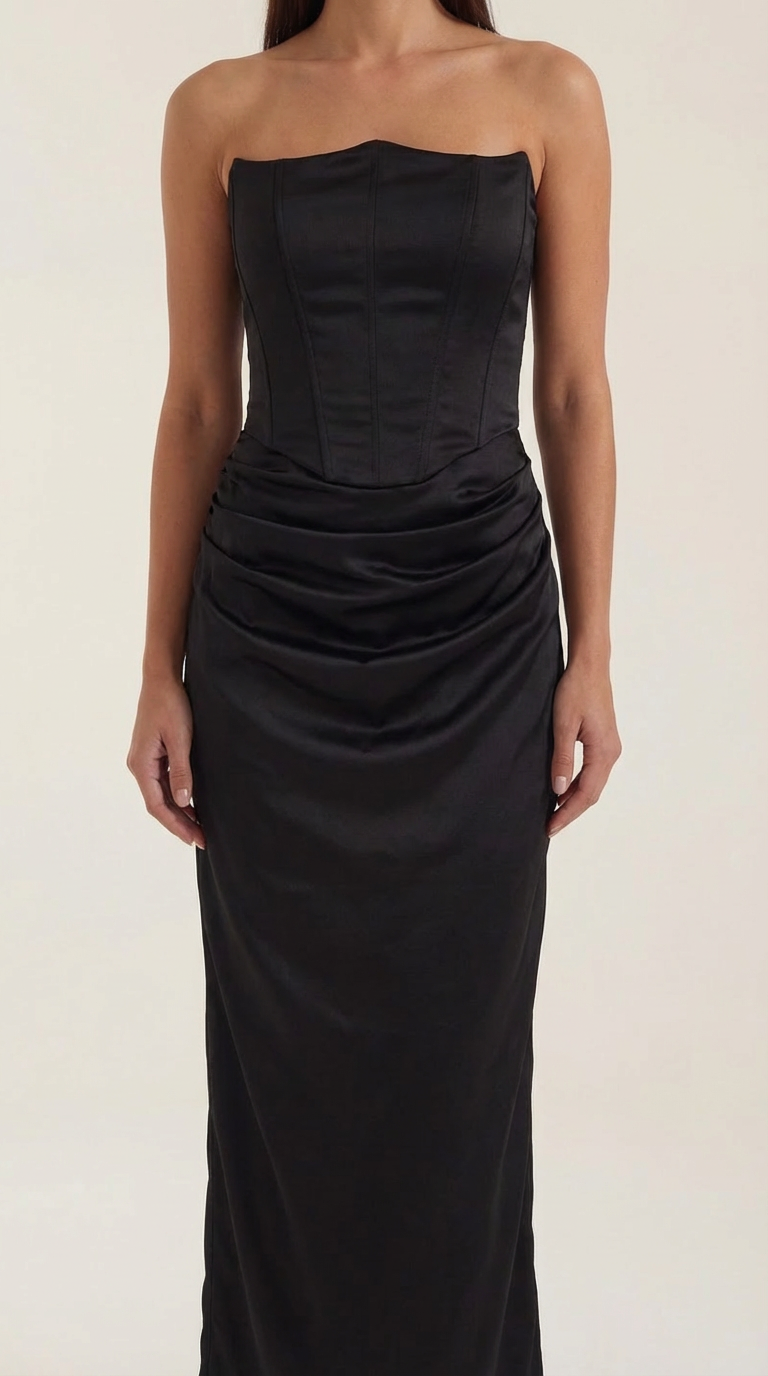 Fiorella Corset Maxi Dress — Women’s Strapless Bustier Ruched Bodycon Evening Gown Dual Texture Formal Dress