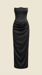 Fiorella Corset Maxi Dress — Women’s Strapless Bustier Ruched Bodycon Evening Gown Dual Texture Formal Dress