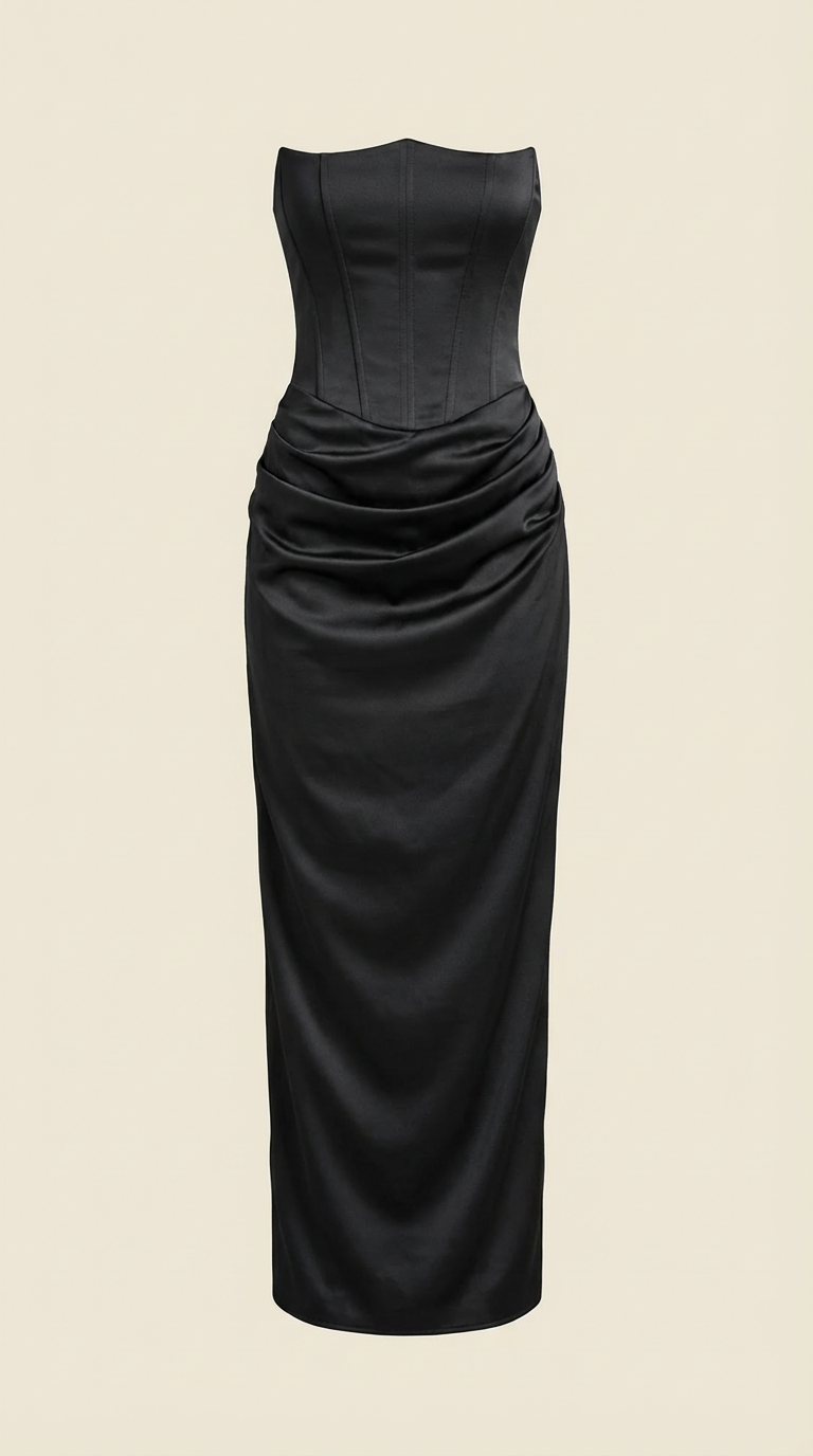 Fiorella Corset Maxi Dress — Women’s Strapless Bustier Ruched Bodycon Evening Gown Dual Texture Formal Dress