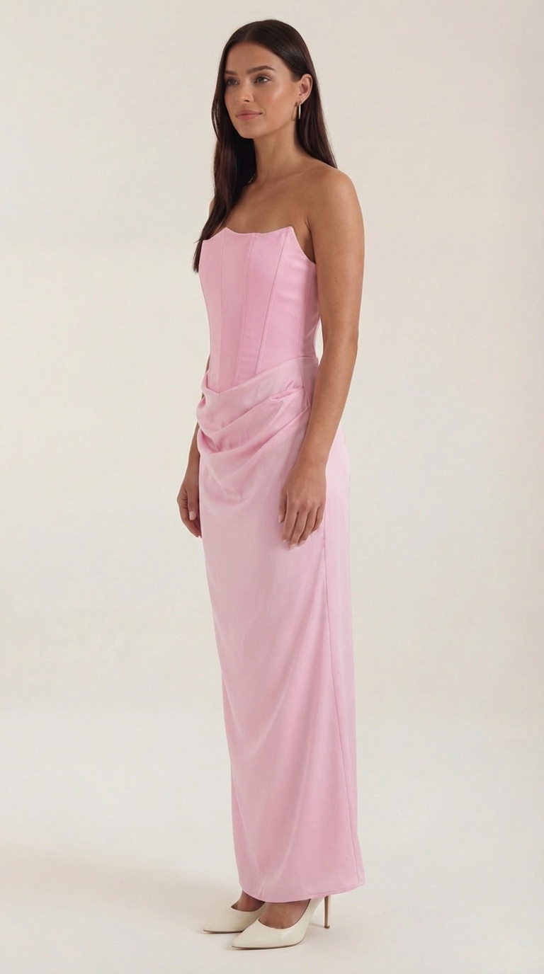Fiorella Corset Maxi Dress — Women’s Strapless Bustier Ruched Bodycon Evening Gown Dual Texture Formal Dress