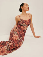Women’s Printed Pleated Chiffon Maxi Dress – Sleeveless Elegant Occasion Dress