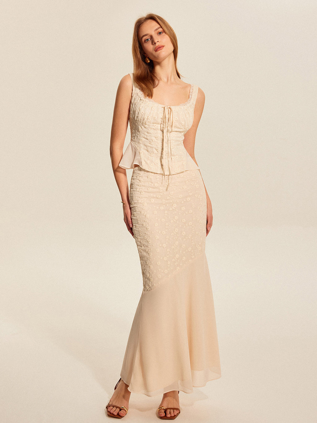 Women’s Jacquard Chiffon Maxi Dress — Elegant Flowing Mid Waist Wedding &amp; Vacation Dress with Invisible Zipper