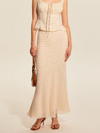 Women’s Jacquard Chiffon Maxi Dress — Elegant Flowing Mid Waist Wedding &amp; Vacation Dress with Invisible Zipper