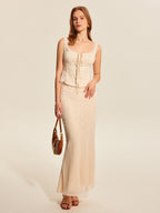Women’s Jacquard Chiffon Maxi Dress — Elegant Flowing Mid Waist Wedding &amp; Vacation Dress with Invisible Zipper