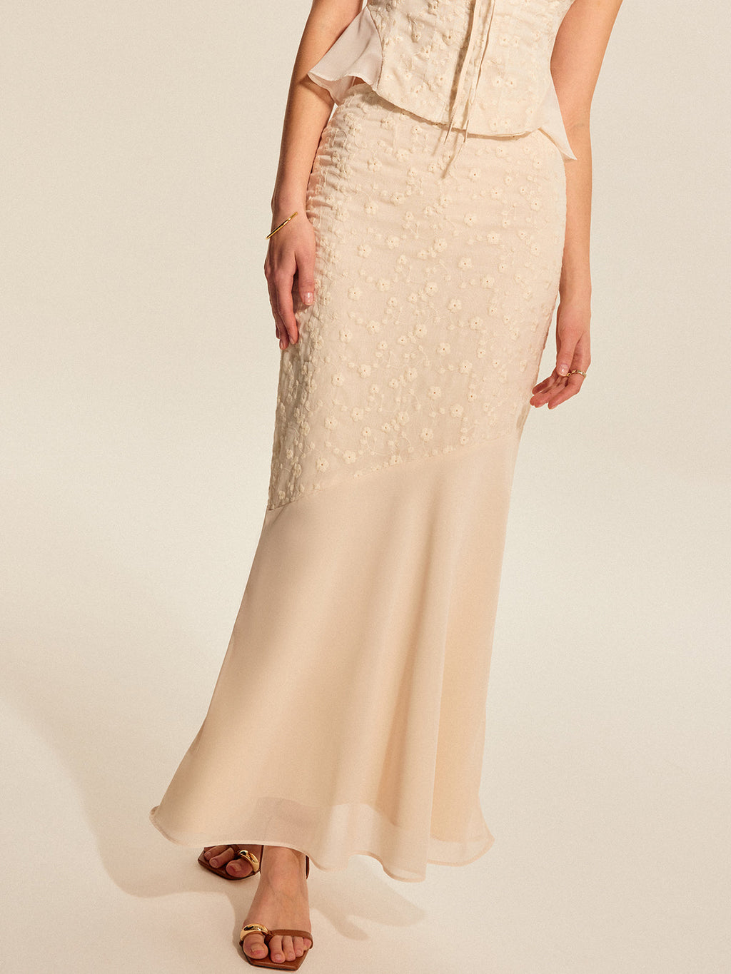 Women’s Jacquard Chiffon Maxi Dress — Elegant Flowing Mid Waist Wedding &amp; Vacation Dress with Invisible Zipper