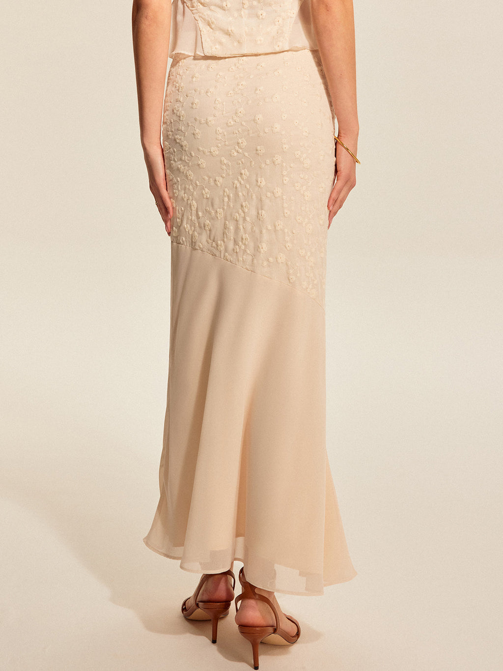Women’s Jacquard Chiffon Maxi Dress — Elegant Flowing Mid Waist Wedding &amp; Vacation Dress with Invisible Zipper