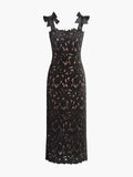 Women’s Jacquard Lace Maxi Dress – Bow Detail Split Long Dress for Wedding & Party
