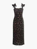 Women’s Jacquard Lace Maxi Dress – Bow Detail Split Long Dress for Wedding & Party