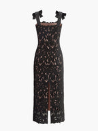 Women’s Jacquard Lace Maxi Dress – Bow Detail Split Long Dress for Wedding & Party