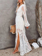 Women’s Lace Slit Maxi Dress – Elegant Bodycon Evening Dress with Waist Detail Formal Gown