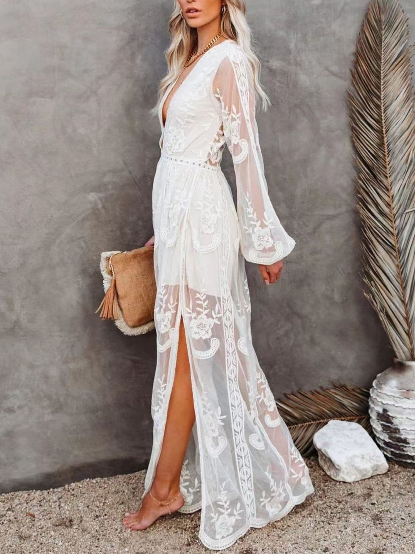 Women’s Lace Slit Maxi Dress – Elegant Bodycon Evening Dress with Waist Detail Formal Gown