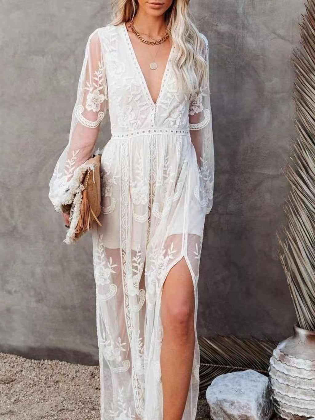 Women’s Lace Slit Maxi Dress – Elegant Bodycon Evening Dress with Waist Detail Formal Gown