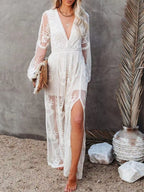 Women’s Lace Slit Maxi Dress – Elegant Bodycon Evening Dress with Waist Detail Formal Gown