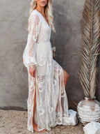 Women’s Lace Slit Maxi Dress – Elegant Bodycon Evening Dress with Waist Detail Formal Gown