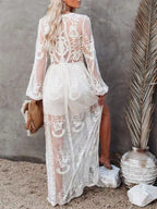 Women’s Lace Slit Maxi Dress – Elegant Bodycon Evening Dress with Waist Detail Formal Gown