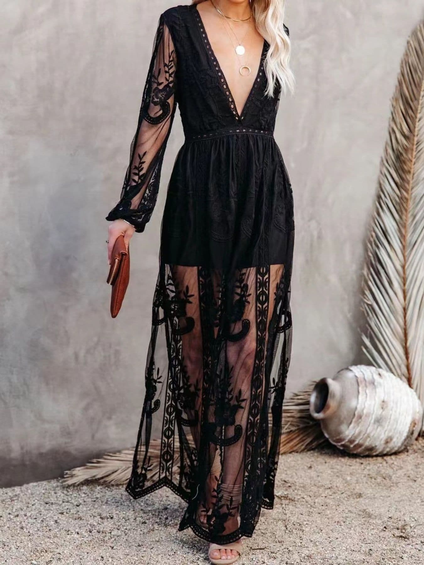 Women’s Lace Slit Maxi Dress – Elegant Bodycon Evening Dress with Waist Detail Formal Gown