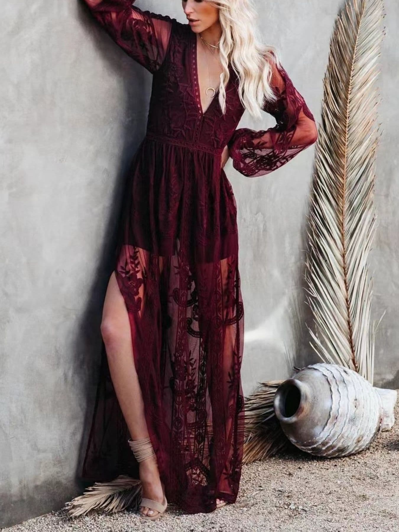 Women’s Lace Slit Maxi Dress – Elegant Bodycon Evening Dress with Waist Detail Formal Gown