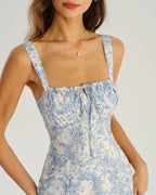 Women's White and Blue Floral Wide Strap Tie Bodice Midi Dress Casual Summer Sundress