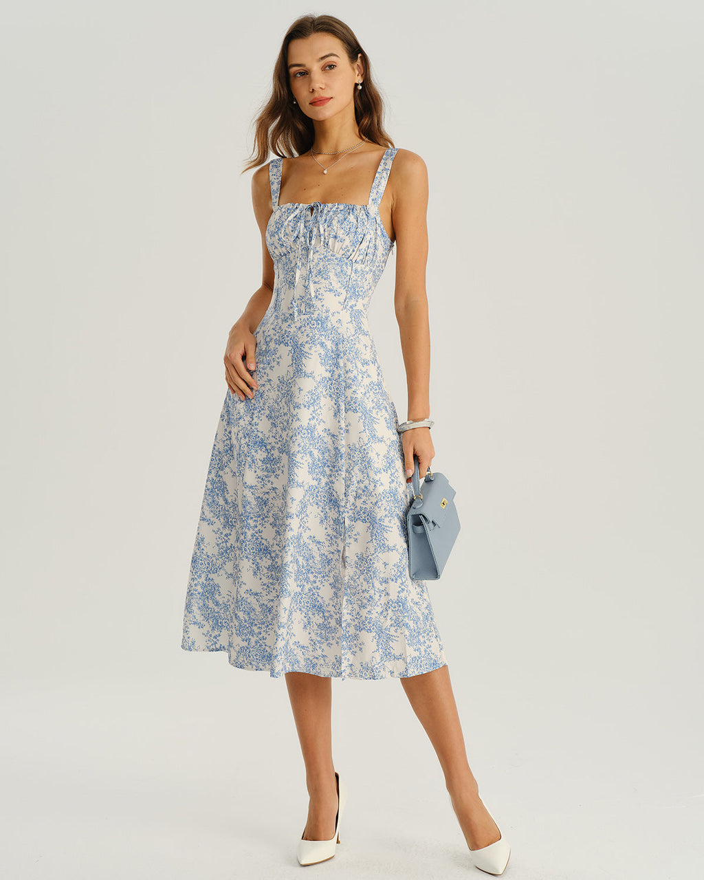 Women's White and Blue Floral Wide Strap Tie Bodice Midi Dress Casual Summer Sundress