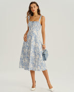 Women's White and Blue Floral Wide Strap Tie Bodice Midi Dress Casual Summer Sundress