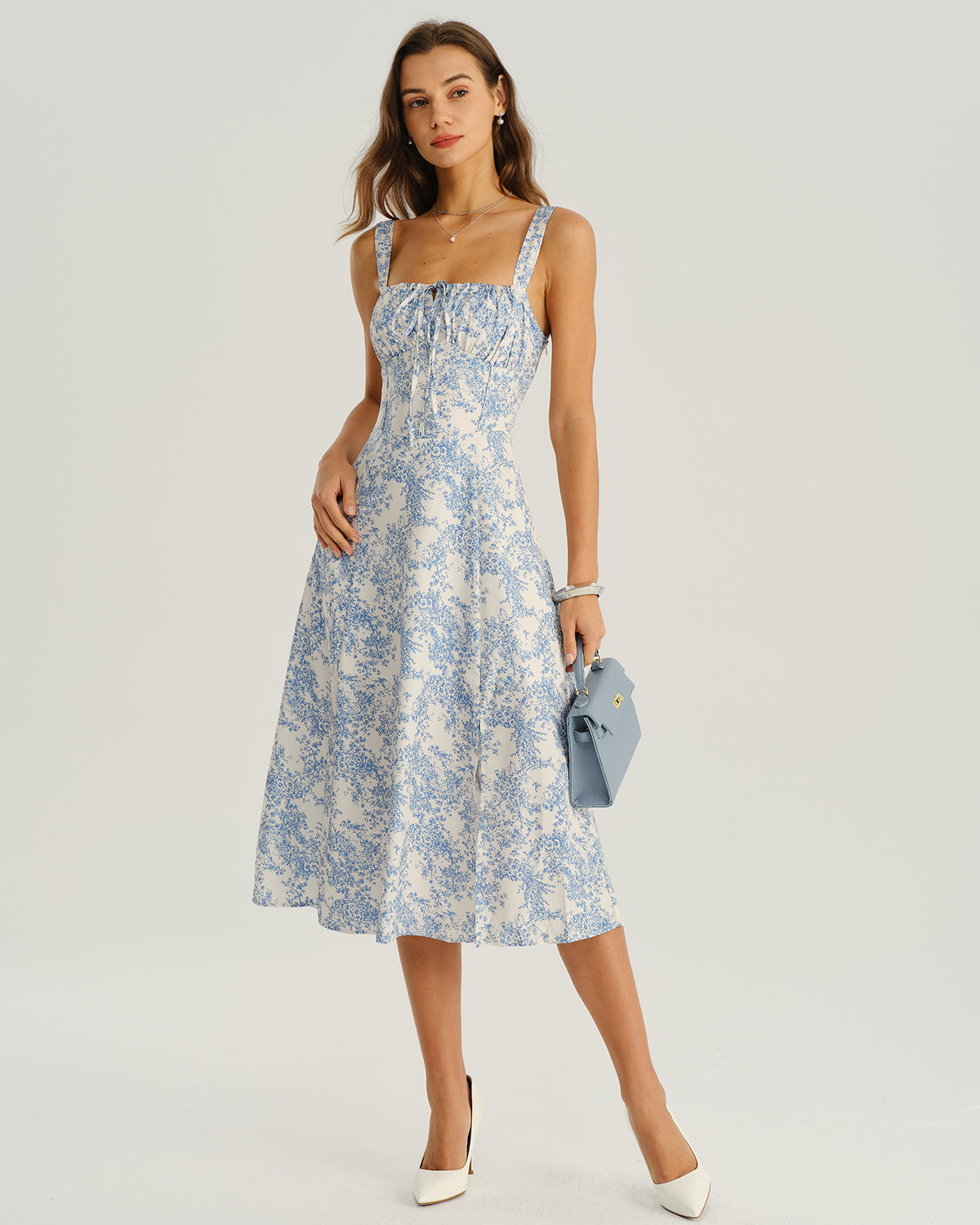 Women's White and Blue Floral Wide Strap Tie Bodice Midi Dress Casual Summer Sundress