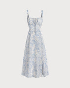 Women's White and Blue Floral Wide Strap Tie Bodice Midi Dress Casual Summer Sundress