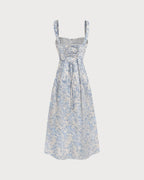 Women's White and Blue Floral Wide Strap Tie Bodice Midi Dress Casual Summer Sundress