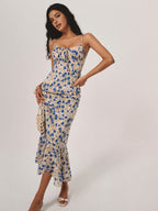 Women’s Romantic Printed Maxi Dress – Sleeveless Collarless Elegant Vacation & Leisure Dress