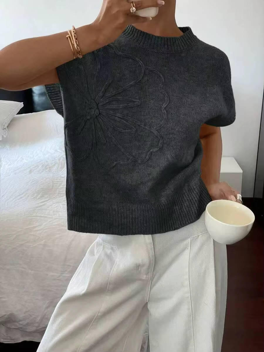 Floral Texture Knit Top — Women’s Lightweight Boxy Pullover Cap Sleeve Crew Neck Summer Sweater Top