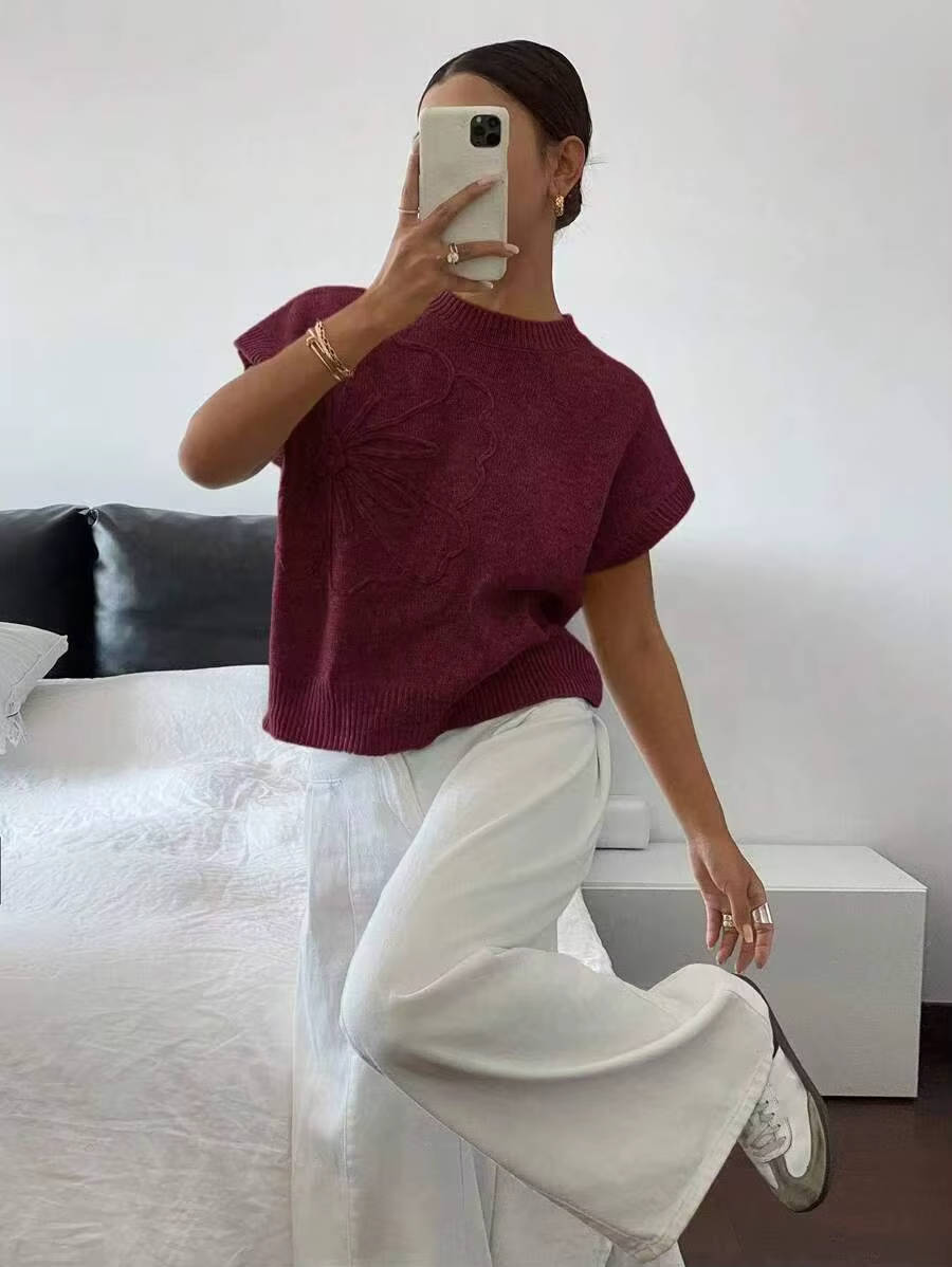 Floral Texture Knit Top — Women’s Lightweight Boxy Pullover Cap Sleeve Crew Neck Summer Sweater Top