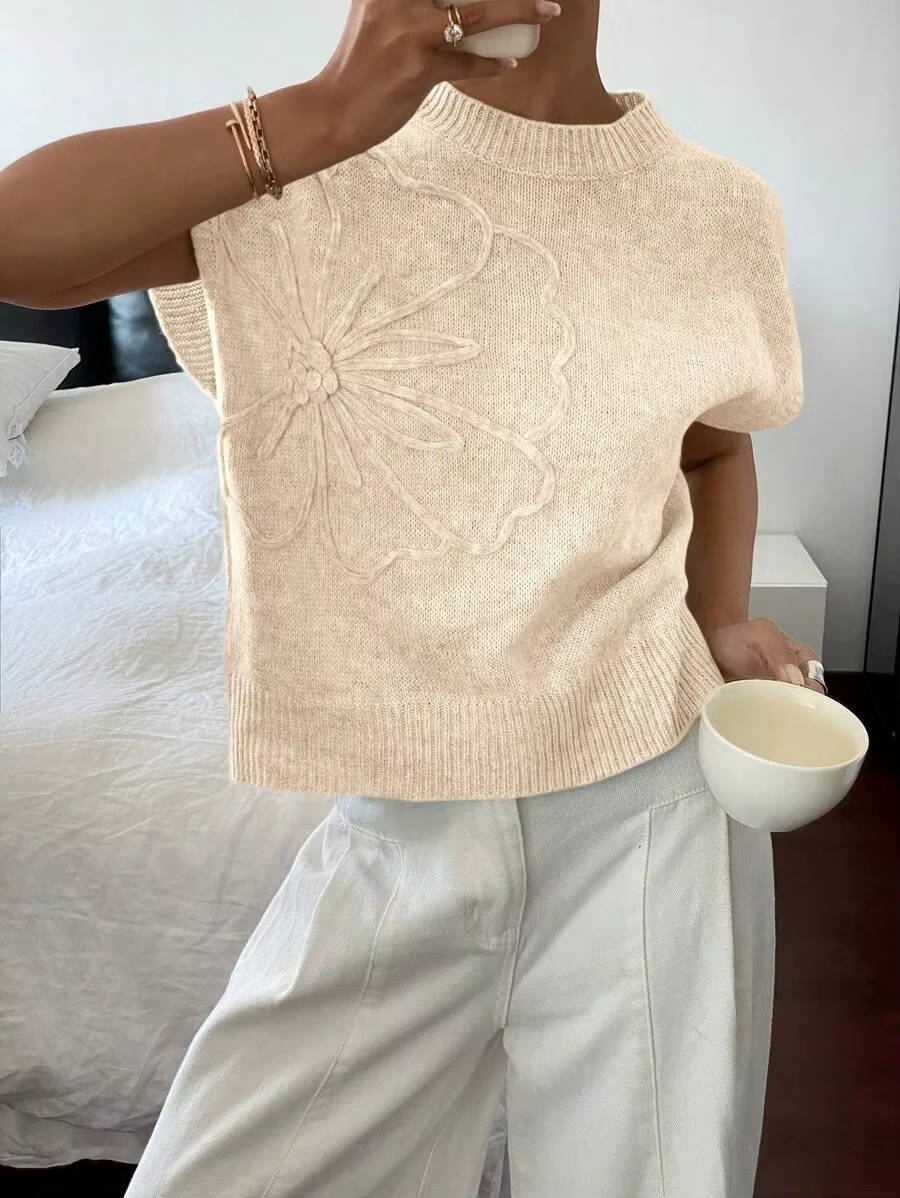 Floral Texture Knit Top — Women’s Lightweight Boxy Pullover Cap Sleeve Crew Neck Summer Sweater Top