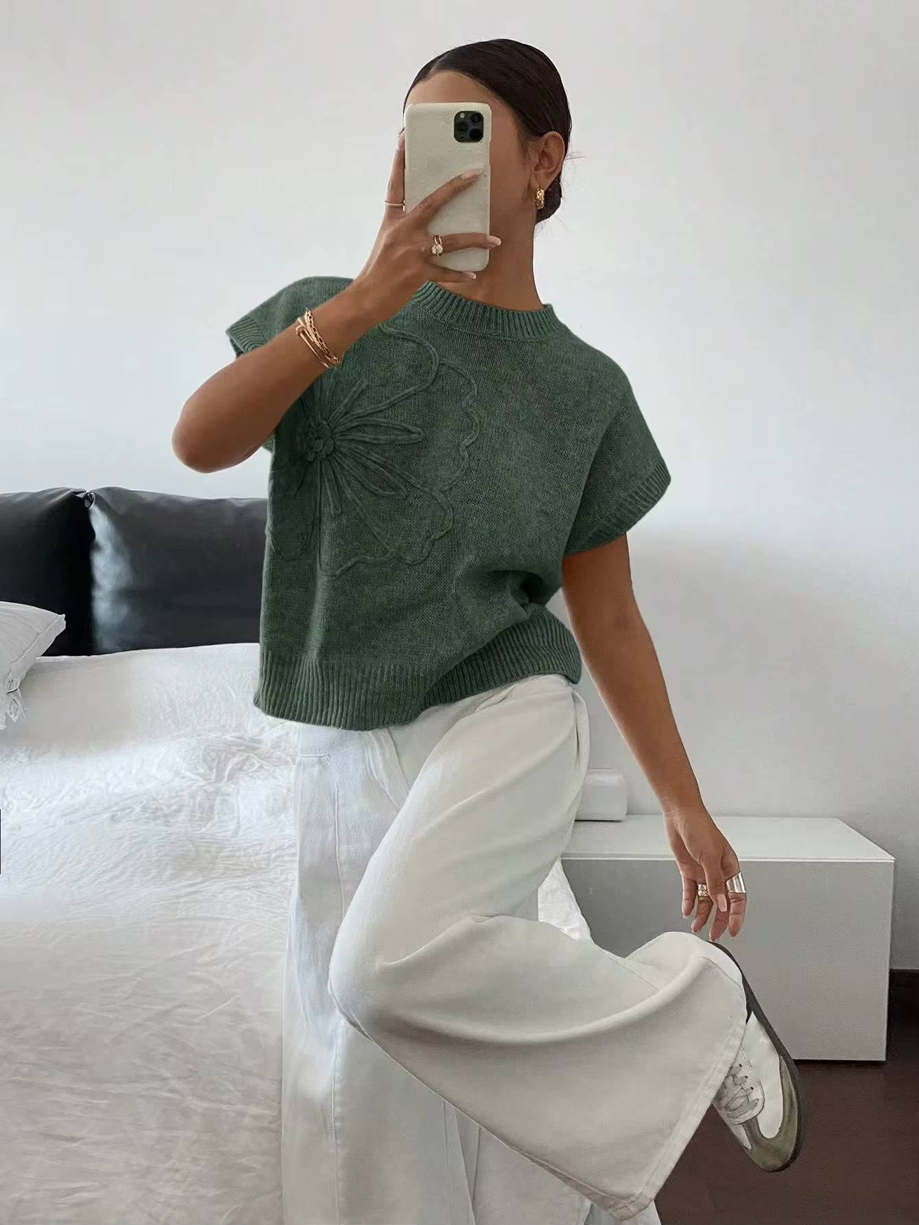 Floral Texture Knit Top — Women’s Lightweight Boxy Pullover Cap Sleeve Crew Neck Summer Sweater Top