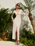 Women’s Cutout V-Neck Maxi Dress — Long Sleeve High Stretch Elegant Party & Vacation Dress