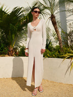 Women’s Cutout V-Neck Maxi Dress — Long Sleeve High Stretch Elegant Party & Vacation Dress